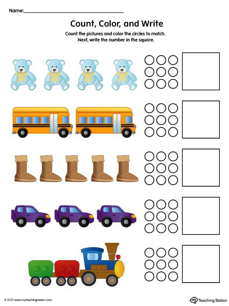 Count, Color, and Write - Numbers 1-5 (Color)