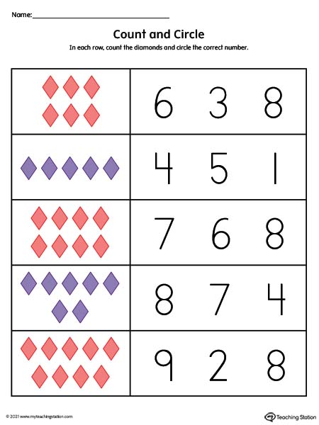 Count and circle Numbers 1-10 printable for kids. Available in color.