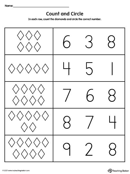 Count and circle Numbers 1-10 printable for kids.