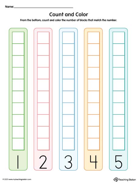 Count and color number blocks printable worksheet. Featuring numbers 1 through 5. Available in color.