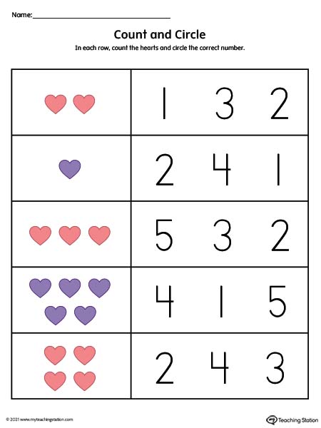 Count and match numbers 1-10 worksheet for preschool. Available in color.
