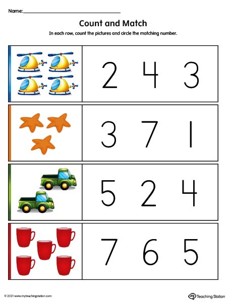 Count and match printable preschool worksheet. Featuring numbers 1-5. Available in color.