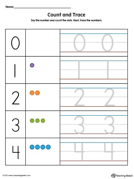 Count and trace the numbers 1 through 10 preschool worksheets. Available in color.