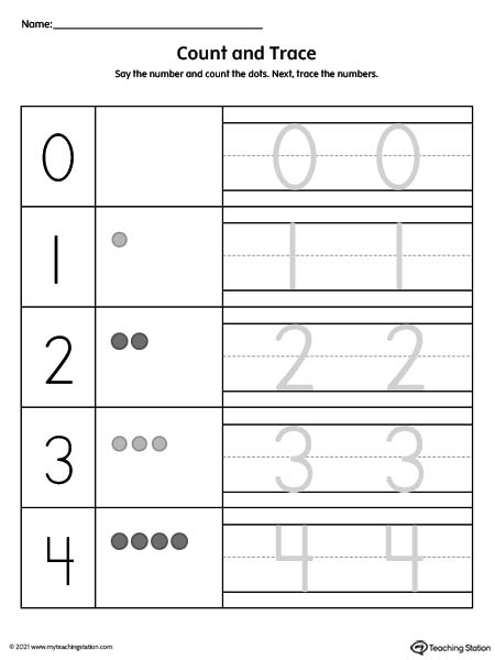 Count and trace the numbers 1 through 10 preschool worksheets.