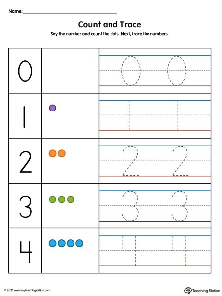 Count and trace the numbers in this pre-k worksheet. Available in color.