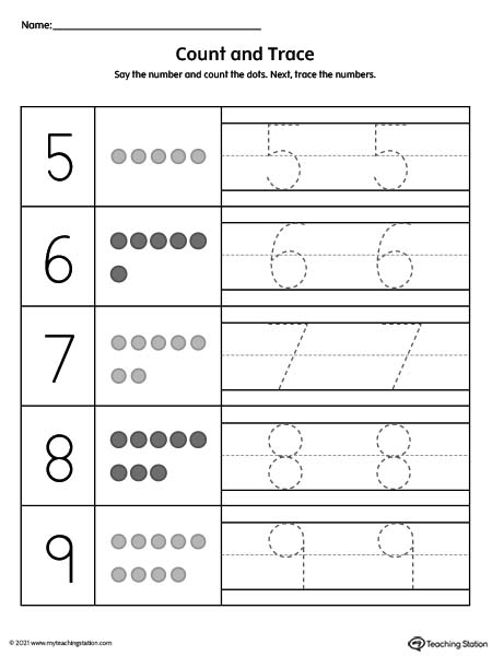 Count and trace numbers 5 through 9 in this printable worksheet.