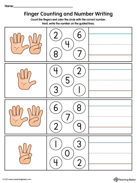 Counting the Fingers and Writing the Number Worksheet (Color)