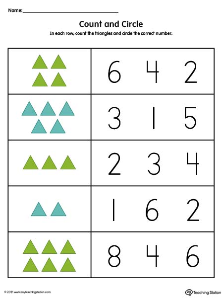 Counting triangles numbers 1-10 worksheet. Available in color.