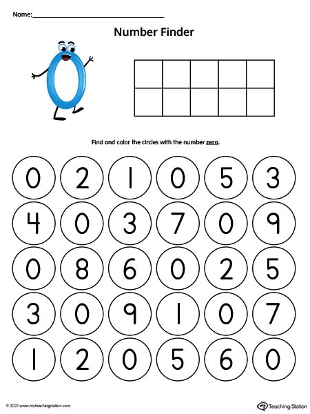 Number Recognition Worksheet: Find the Number 0 (Color)