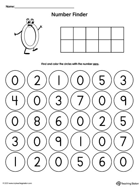 Number Recognition Worksheet: Find the Number 0