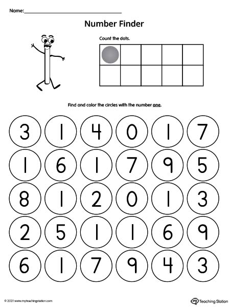 Number Recognition Worksheet: Find the Number 1