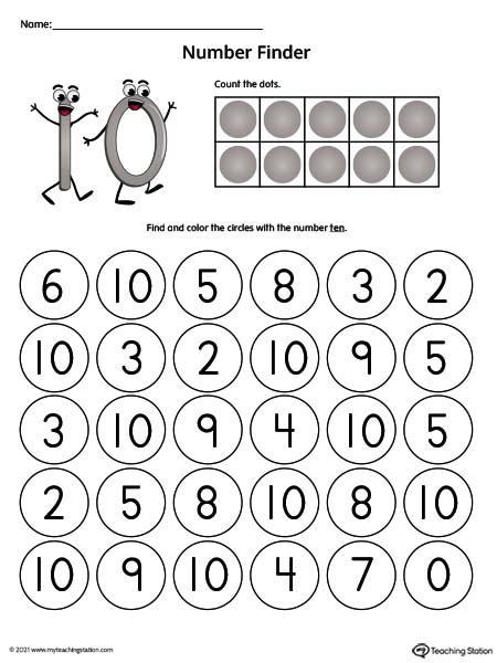 Search and find number ten printable worksheet. Available in color.