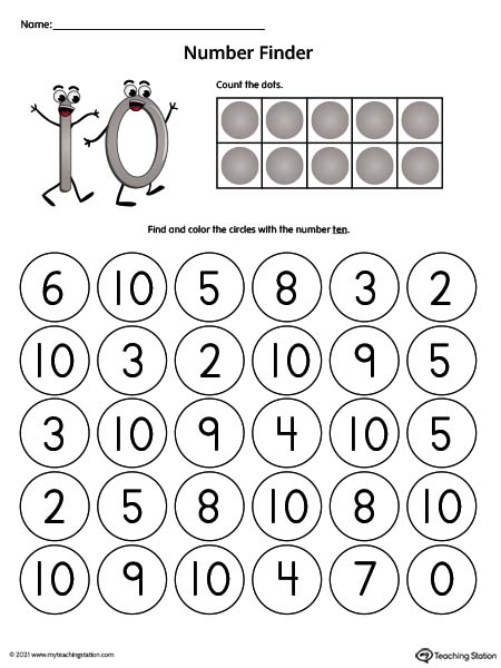 Number Recognition Worksheet: Find the Number 10 (Color)