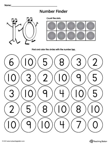 Number Recognition Worksheet: Find the Number 10