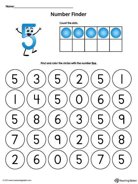 Number Recognition Worksheet: Find the Number 5 (Color)