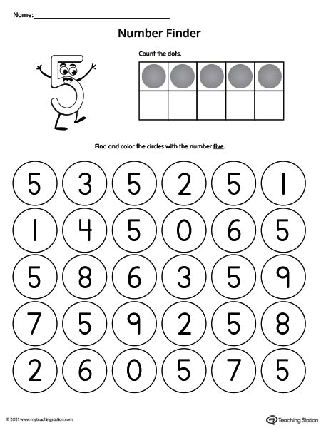 Number Recognition Worksheet: Find the Number 5