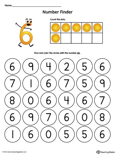 Find number six printable worksheet. Search and find worksheets are a great way for kids to practice number recognition. Available in color.