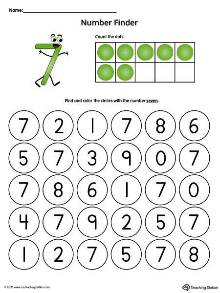 Number Recognition Worksheet: Find the Number 7 (Color)