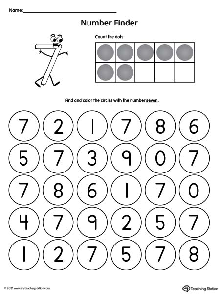 number recognition worksheet find the number 7 myteachingstation com