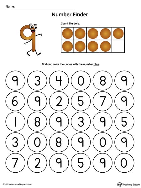 Search and find number nine printable worksheet. Available in color.