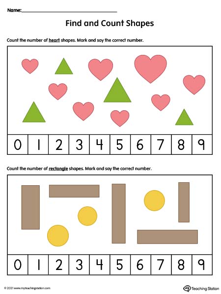 Find and count shapes worksheets are a great way to practice shape recognition and number counting. Available in color.