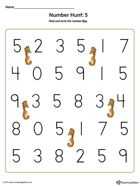 Beginner number recognition search and find worksheet. Featuring number 5. Available in color.