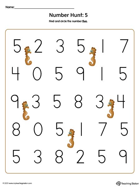 Number Recognition Worksheet: Find and Circle Number 5 (Color)