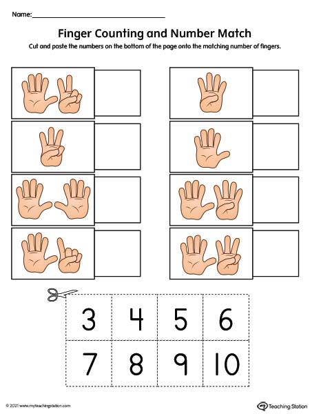 Finger Counting Number Match Cut and Paste Printable Worksheet (Color)