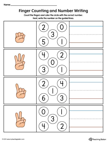 Finger counting and number writing worksheet for preschool kids. Available in color.