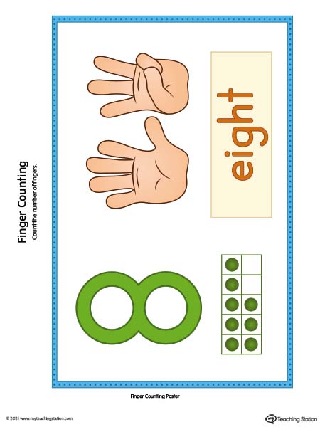 Finger counting number poster cards printable. Numbers 1 through 10 printable posters. Featured number 8. Available in color.