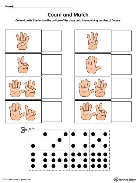 Finger counting and number match worksheet for preschool kids. Available in color.