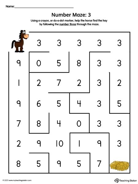 Number three maze printable for preschoolers. Available in color.