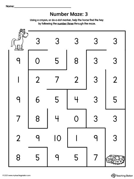 Number three maze printable for preschoolers.