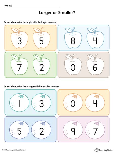 Larger or Smaller Numbers 1-9 Printable Worksheet (Color)