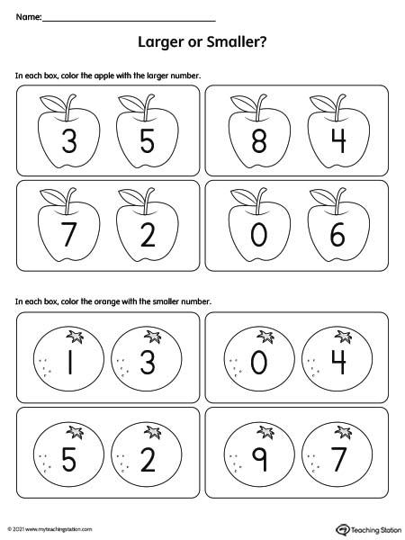 Larger or Smaller Numbers 1-9 Printable Worksheet