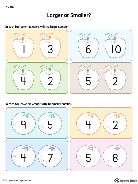 Larger vs. smaller number worksheet for pre-k students. Available in color.