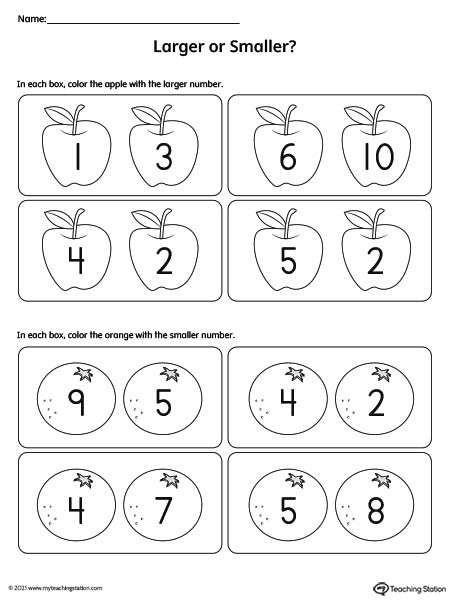 Larger vs. smaller number worksheet for pre-k students.