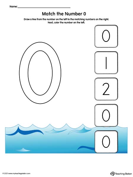 Practice number recognition by drawing a line to the matching numbers in this printable activity. Featuring number zero. Available in color.