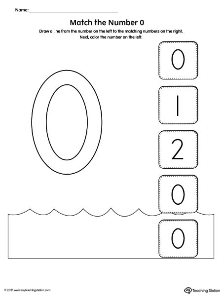Practice number recognition by drawing a line to the matching numbers in this printable activity. Featuring number zero.