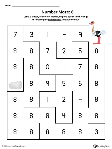 Number eight maze printable activity for preschool kids. Available in color.