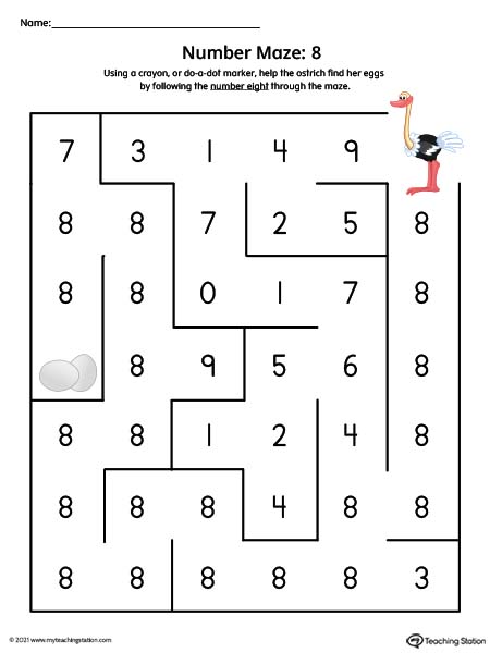 Number eight maze printable activity for preschool kids. Available in color.
