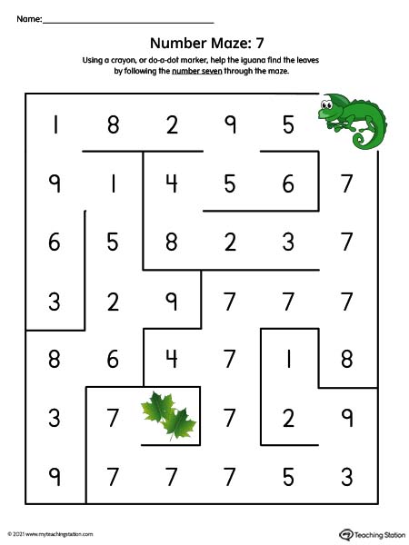 Number Maze Printable Worksheet: 7 (Color)