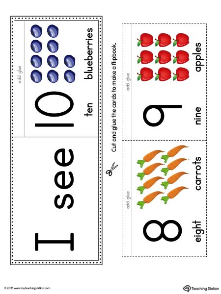Numbers 0-10 flipbook with pictures for preschoolers and kindergarteners. Available in color.