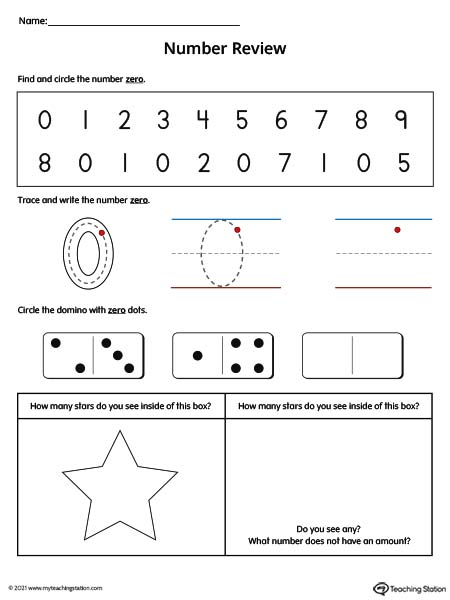 Number 0 Review Worksheet (Color)