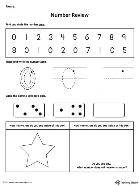 Practice number formation, tracing, counting, ten-frame number recognition, and number variation in this action-packed number 0 review worksheet.