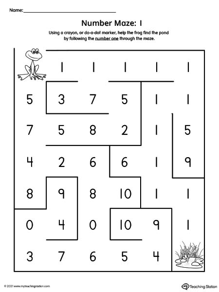 Preschool number one maze printable for kids.