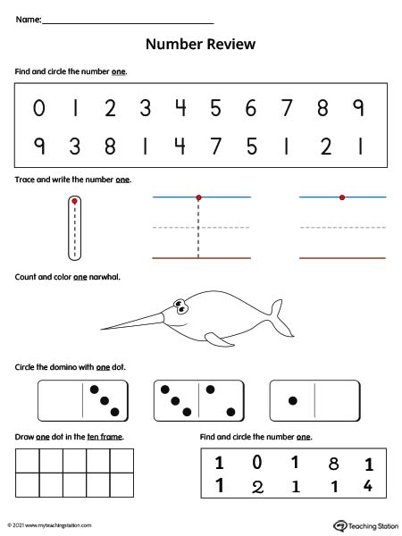 Practice number formation, tracing, counting, ten-frame number recognition, and number variation in this action-packed number 1 review worksheet. Available in color.