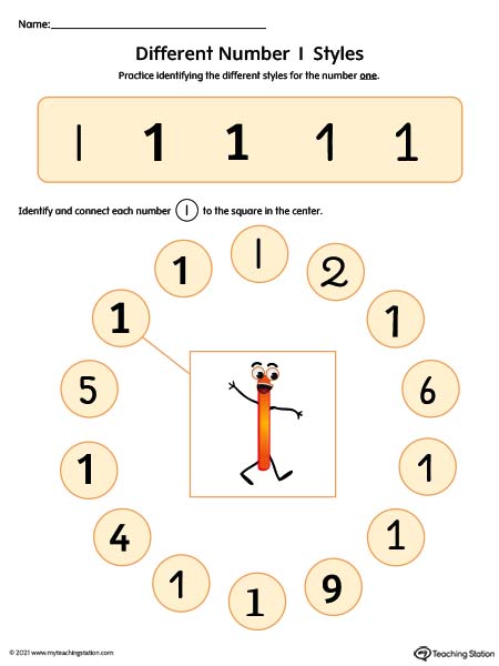 Help kids identity possible styles of the number one by understanding how numbers can have different variations. Available in color.