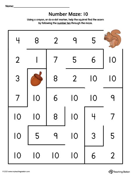 Number ten maze printable activity for preschool kids. Available in color.