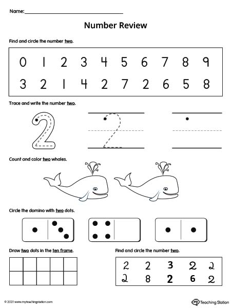 Practice number formation, tracing, counting, ten-frame number recognition, and number variation in this action-packed number 2 review worksheet.